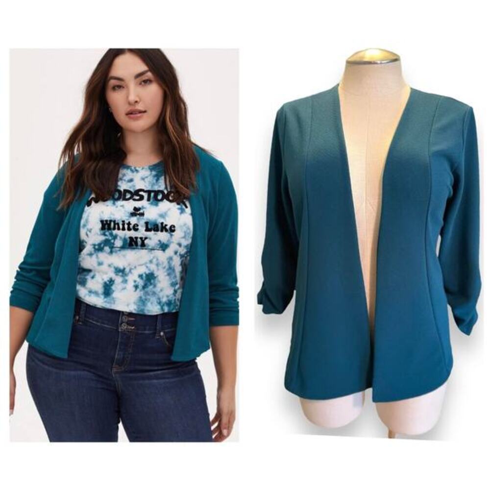 Torrid 3 (3X 22/24) Teal Knit Crepe Drape Open Front 3/4 Sleeve Jacket Blazer